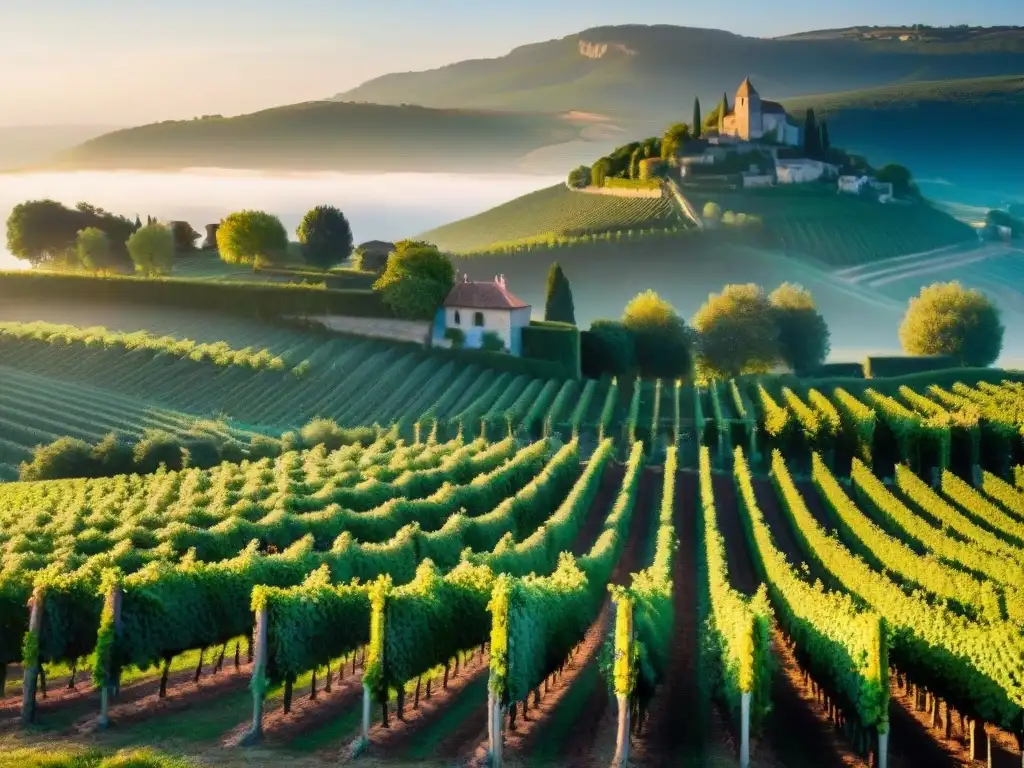 Vinos naturales en viñedo francés al amanecer, con un encantador pueblo de fondo