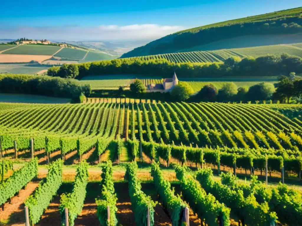 Producción de vinos naturales en un viñedo francés, con trabajadores cuidando las vides entre colinas y edificios de piedra