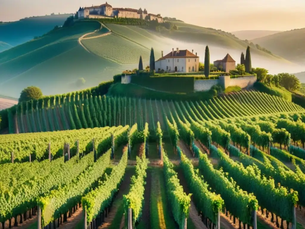 Producción de vinos naturales en Francia: viñedos serenos al atardecer con un château histórico al fondo