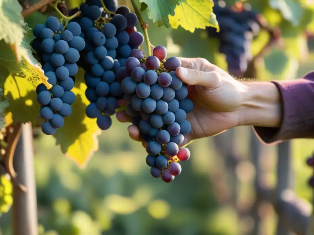 Producción de vinos naturales en Francia: Viticultores seleccionando uvas moradas bajo el sol dorado de la tarde en viñedo de Burdeos