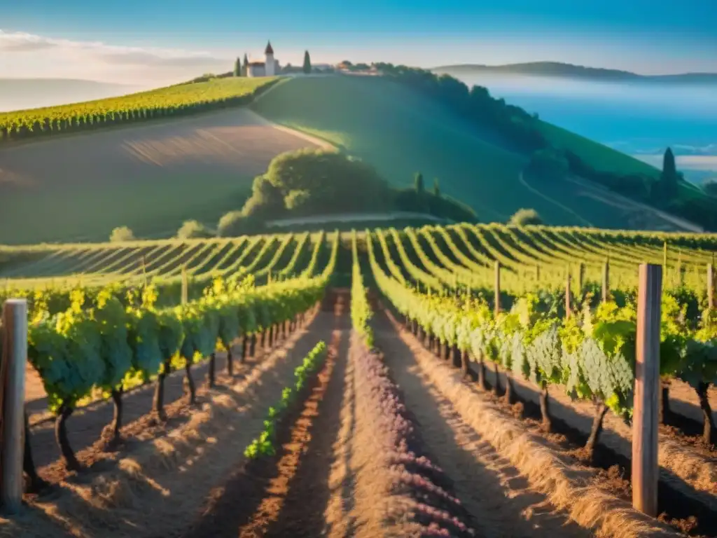 Vinos orgánicos Francia revolución: Agricultores recolectando uvas en viñedo al atardecer