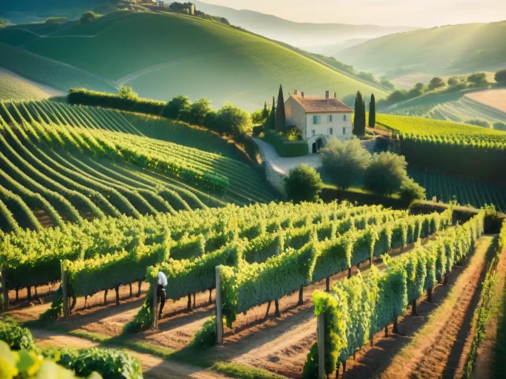 Vinos orgánicos y biodinámicos en Francia: Viñedo pintoresco con trabajadores y colinas al fondo, bañado por la cálida luz dorada