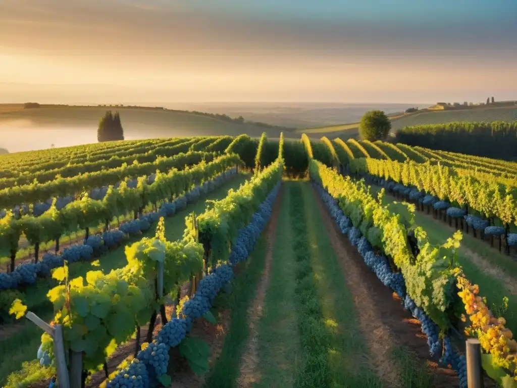 Vinos orgánicos en la campiña francesa al atardecer, donde las vides se extienden en filas perfectas bajo la luz dorada