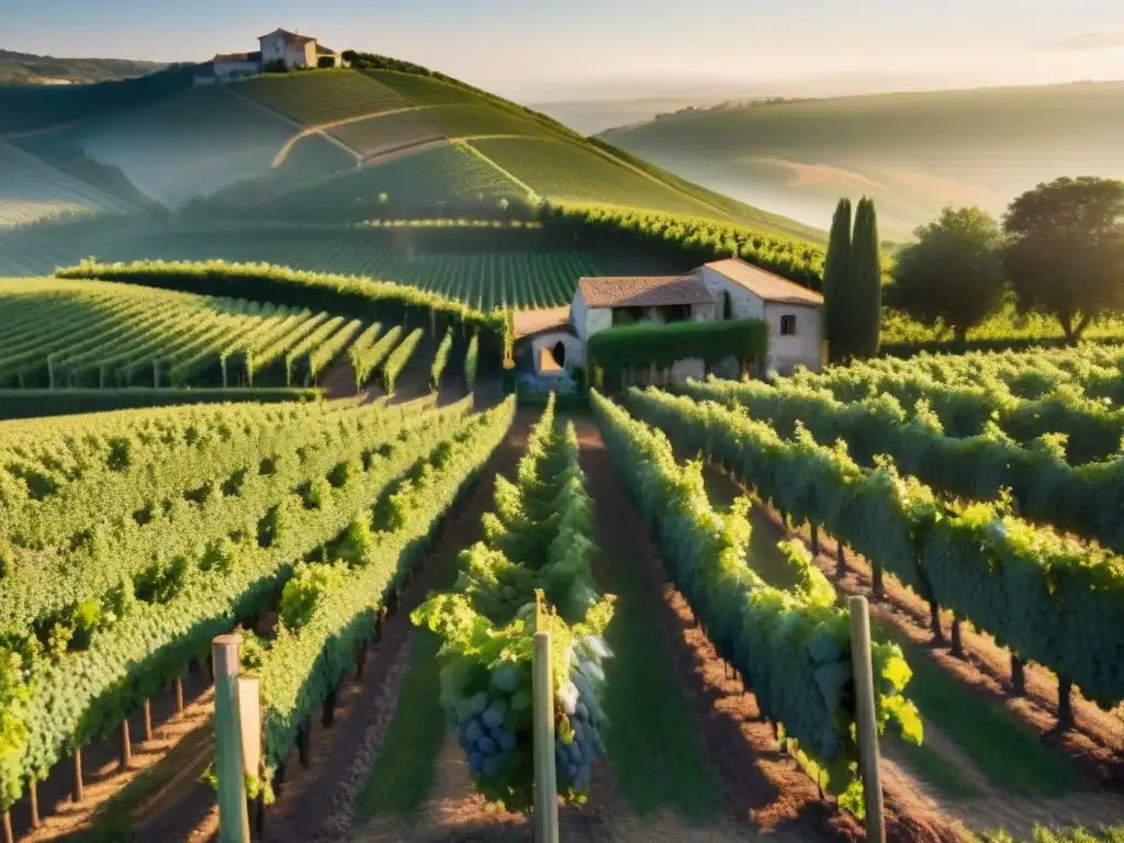 Vinos orgánicos franceses de calidad: Viñedos al amanecer con agricultores locales cosechando uvas a mano