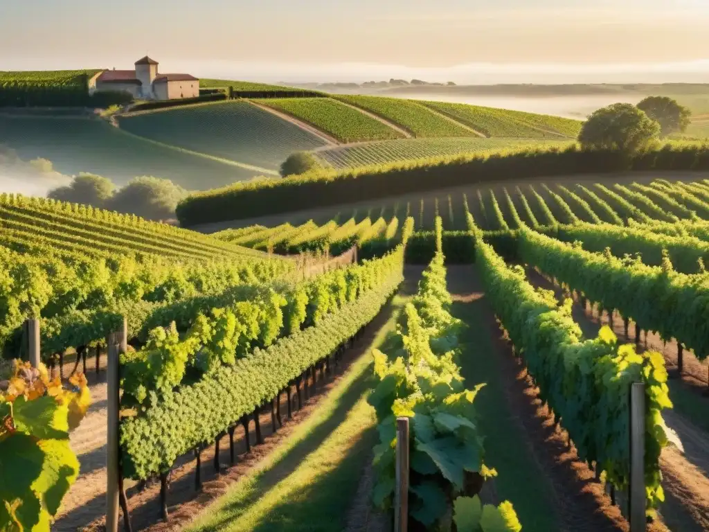 Vinos orgánicos franceses de calidad: Viñedo en Bordeaux con uvas maduras y barricas de vino, reflejando dedicación y tranquilidad