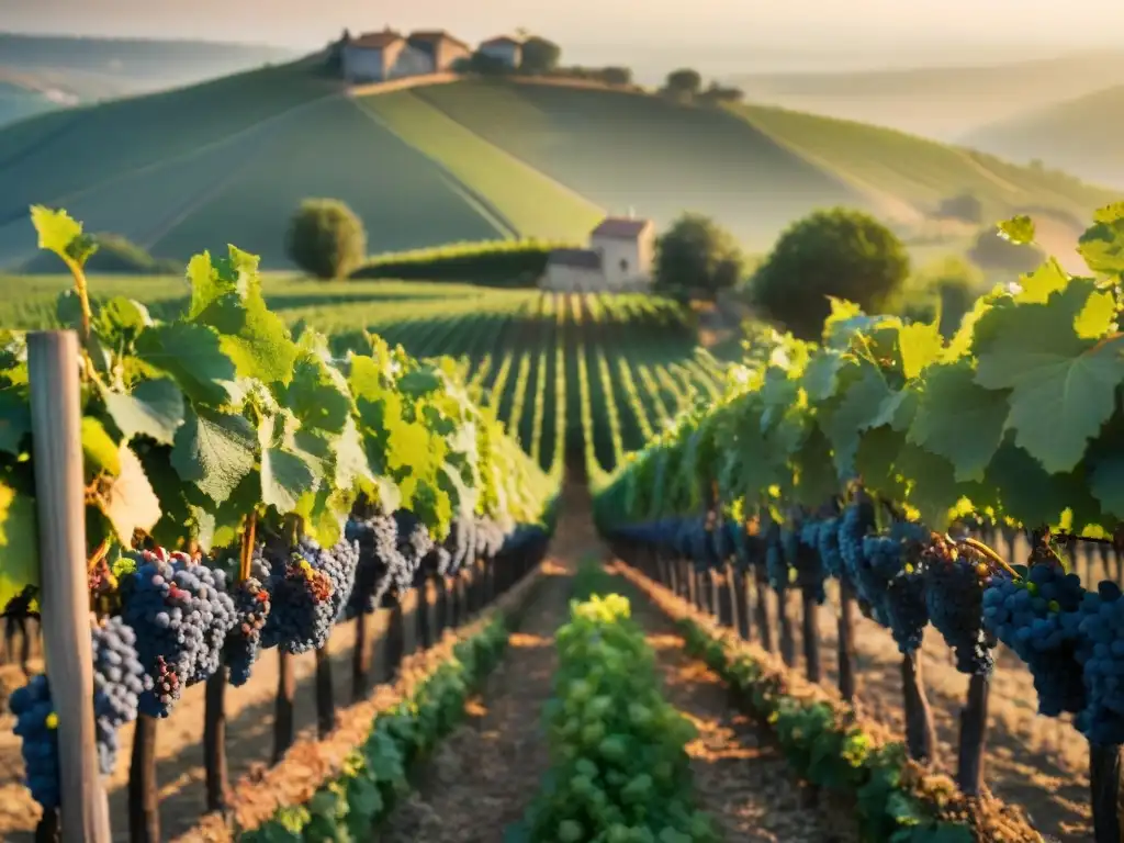 Vinos orgánicos en la revolución de Francia: viñedo al amanecer con uvas y luz dorada