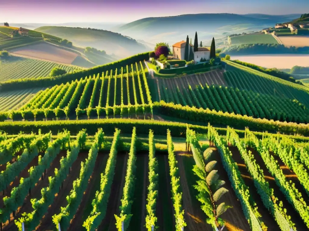 Vinos orgánicos en viñedos franceses: vista aérea de exuberantes viñedos bañados por la luz dorada del sol, con ordenadas hileras de uvas