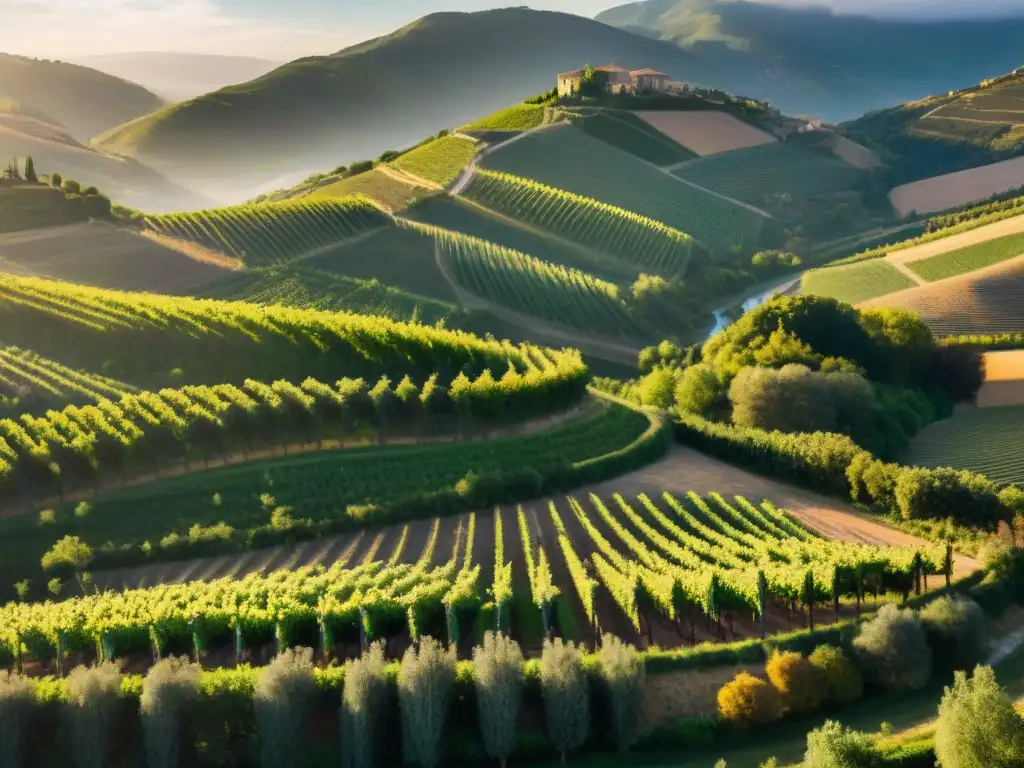 Vinos y quesos Valle Ródano: Viñedos y colinas al atardecer, creando una hermosa obra de arte natural