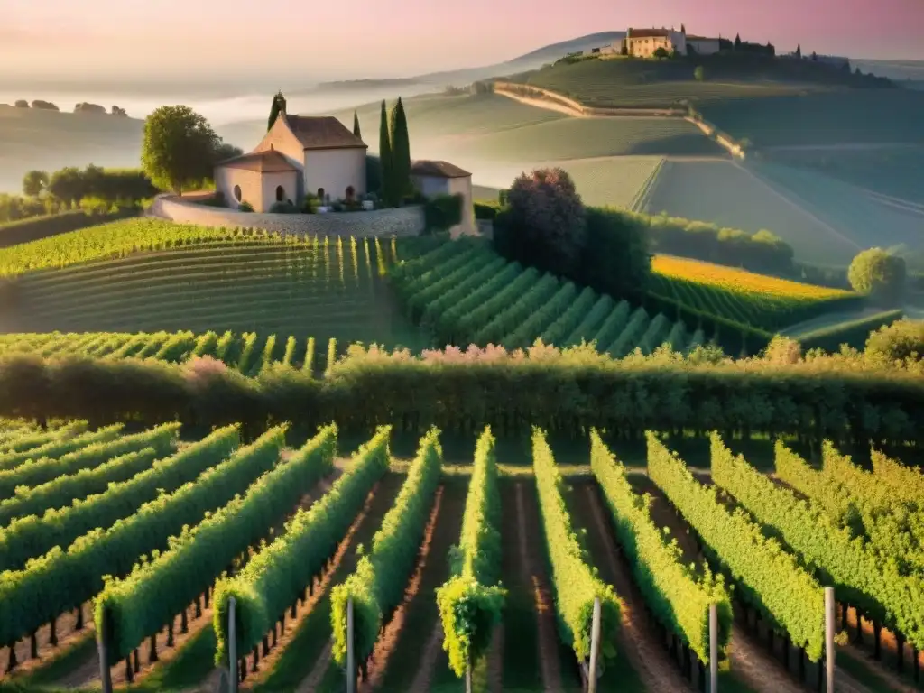 Vinos rosados franceses: innovación culinaria en un viñedo al atardecer