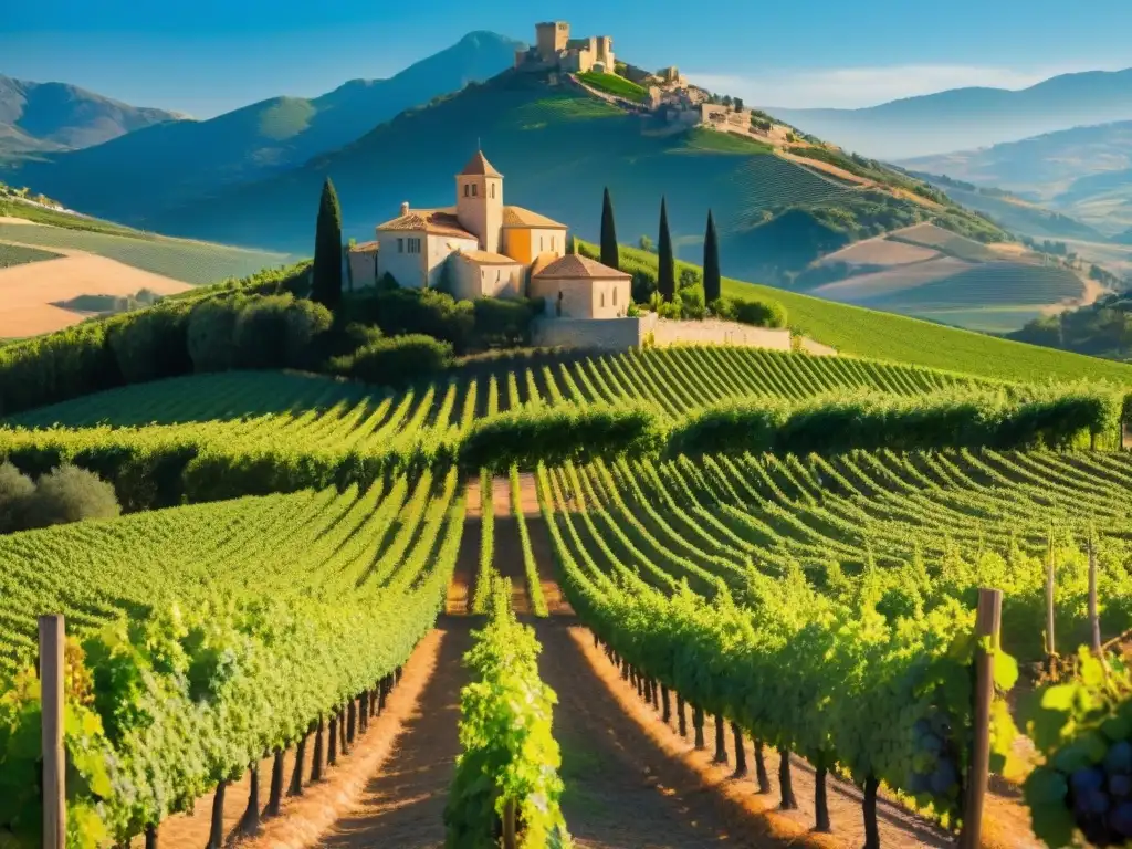 Vinos rosados de la Provenza: viñedos extensos bajo cielo azul, uvas rosadas y un castillo entre colinas verdes