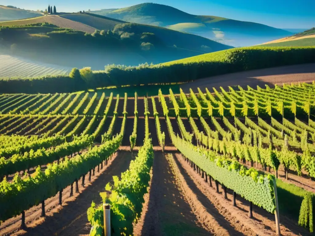 Vinos tintos ecológicos de Francia: Viñedo soleado con uvas moradas y trabajadores cuidando las plantas