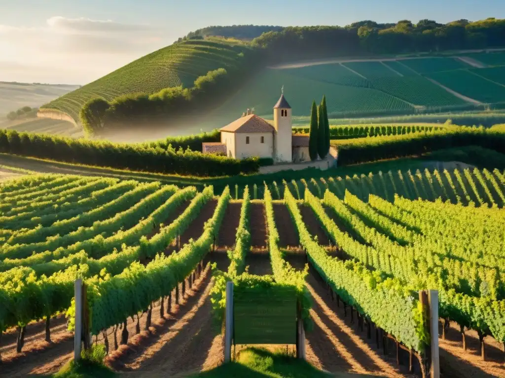 Vinos tintos ecológicos de Francia: Viñedo exuberante con viñedos verdes, bodega rústica y agricultores locales