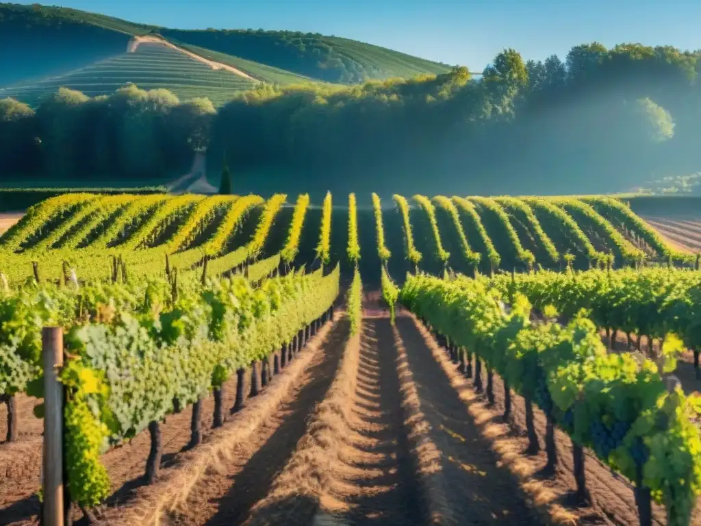 Vinos tintos ecológicos de Francia: Viñedo orgánico en la campiña francesa con agricultores cuidando las vides bajo el sol