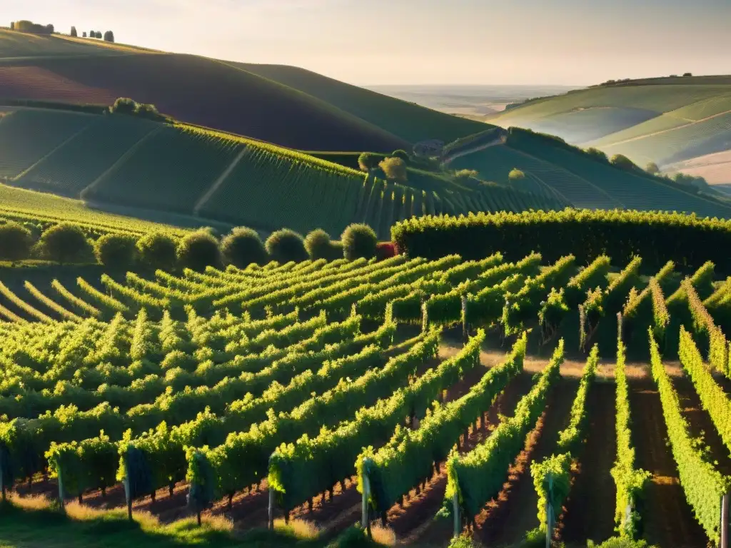 Vinos tintos emblemáticos de Borgoña: Viñedo centenario bañado por cálida luz dorada, en un paisaje de tradición y cuidado meticuloso