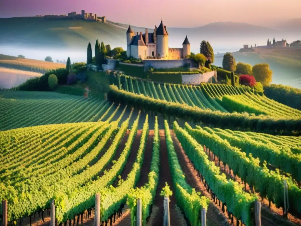 Vinos tintos franceses con historia: Viñedo antiguo al atardecer, trabajadores cuidando uvas frente a un castillo histórico