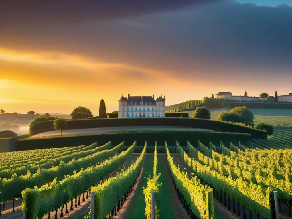 Vinos tintos franceses con historia: Majestuoso atardecer en Château Margaux, viñedos y castillo centenarios bañados por la luz dorada del sol