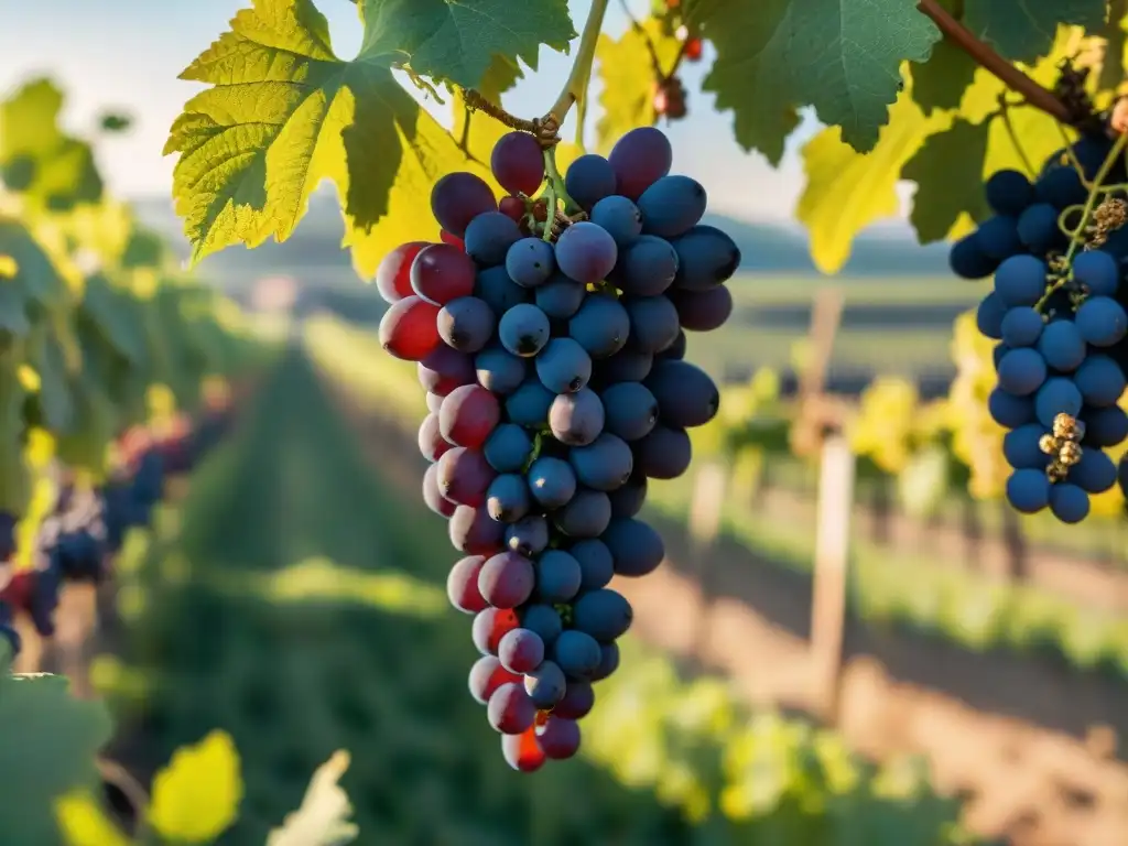 Vinos tintos franceses orgánicos innovadores: Viñedo en la campiña francesa con uvas maduras y abejas revoloteando