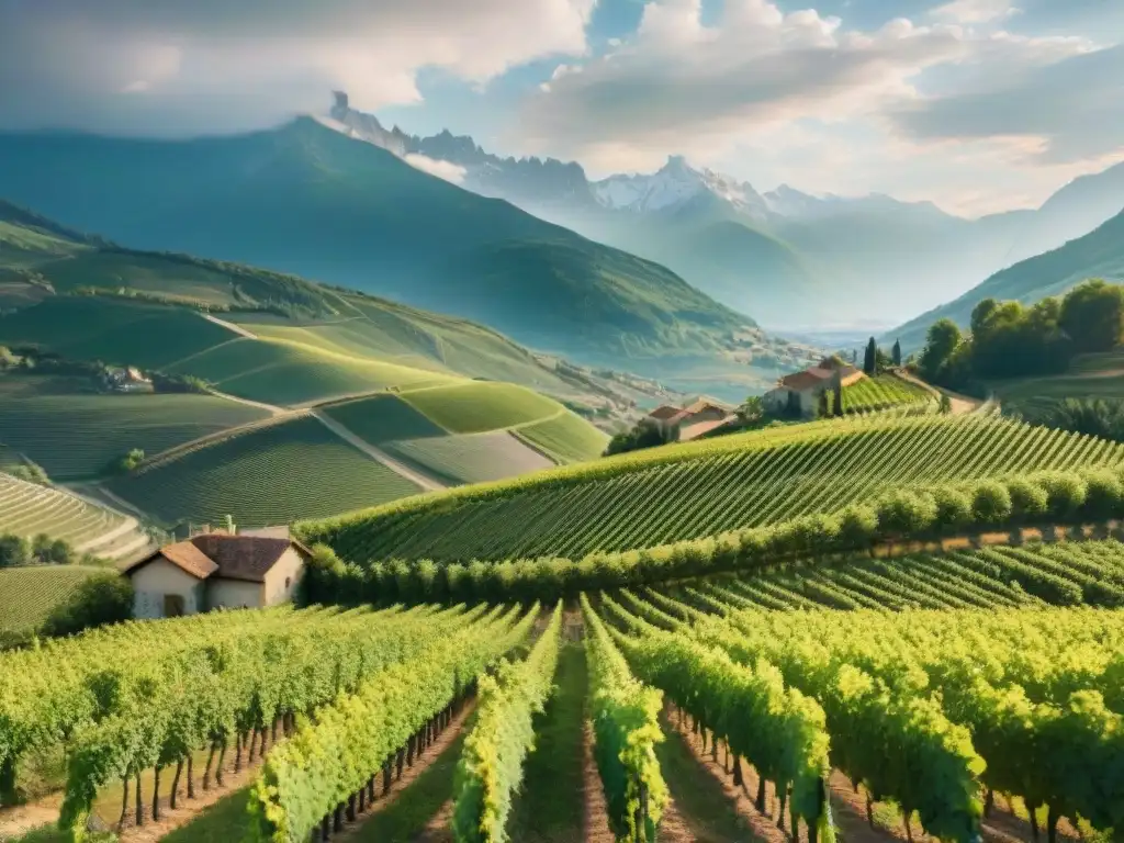 Vinos tintos de montaña Francia: Viñedos verdes bajo el sol y montañas nevadas, envueltos en niebla