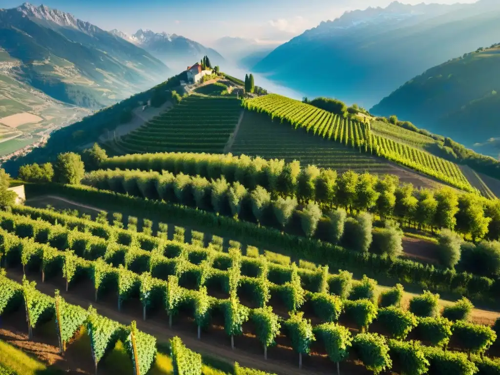 Vinos tintos de montaña en Francia: Viñedos en terrazas, obreros trabajando entre sombras, bañados por la luz dorada alpin