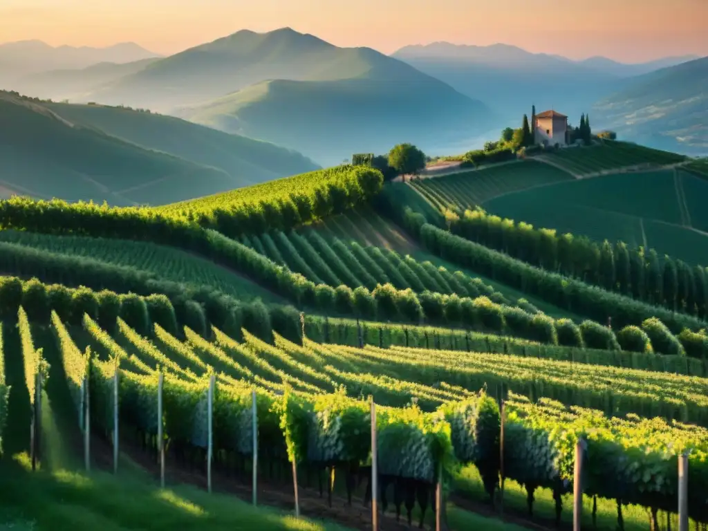 Vinos únicos Savoia montañas viñedos en atardecer dorado, con filas de viñedos y bodega tradicional entre las montañas