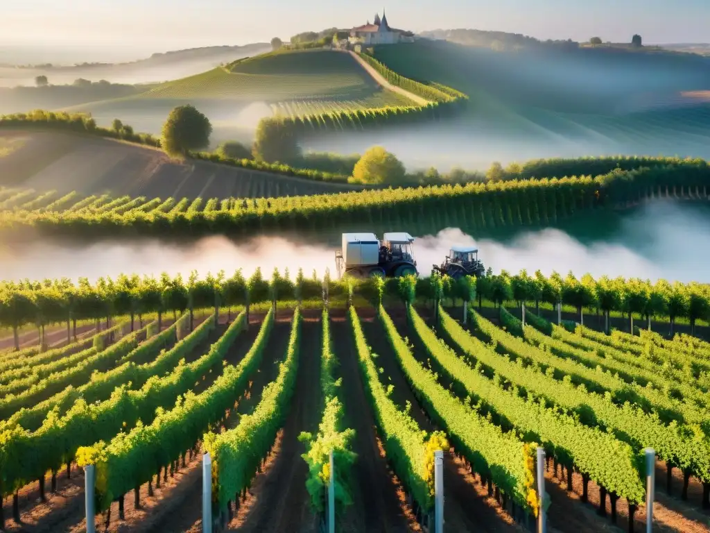 Una visión futurista de la vinificación en Francia: robots cosechando uvas en un viñedo de diseño elegante