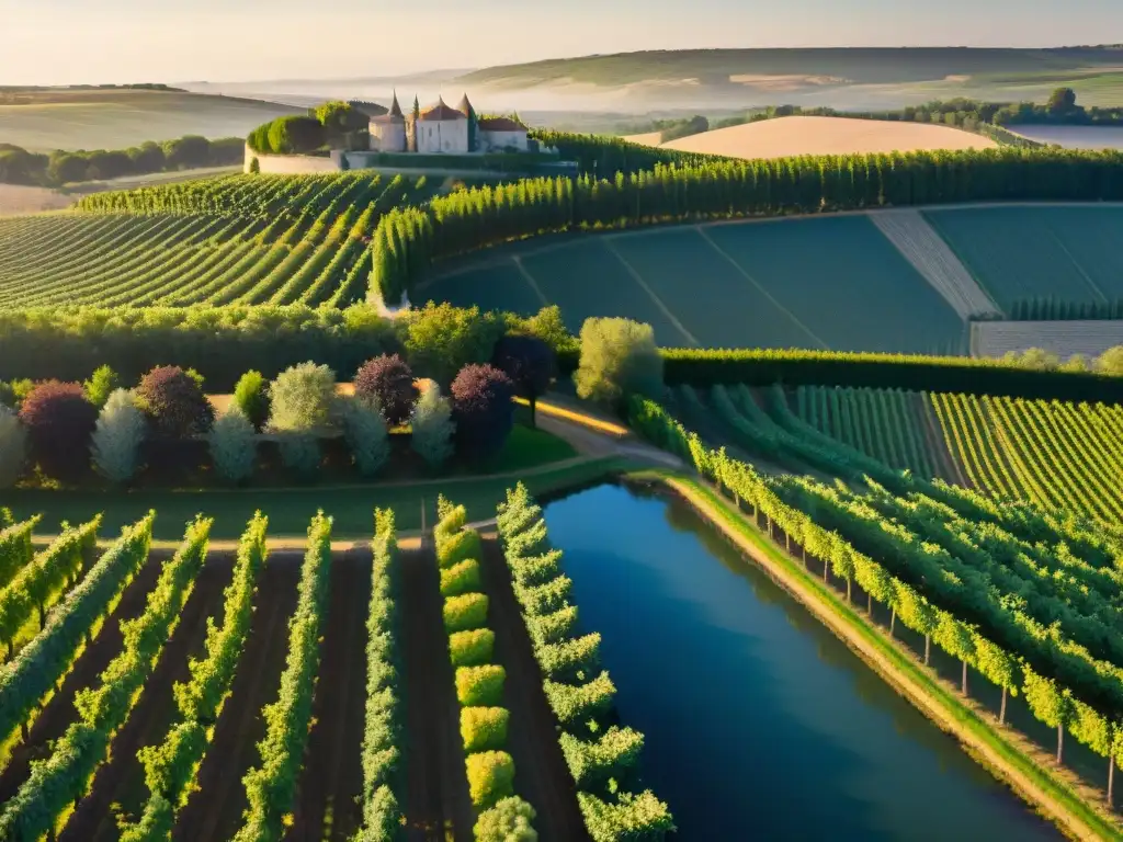 Vista aérea asombrosa de los viñedos de Burdeos, Francia, mostrando el icónico terroir