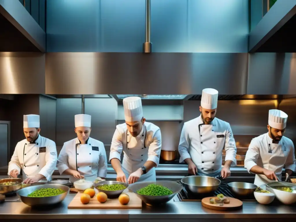 Vista aérea de una bulliciosa cocina francesa durante una competición culinaria