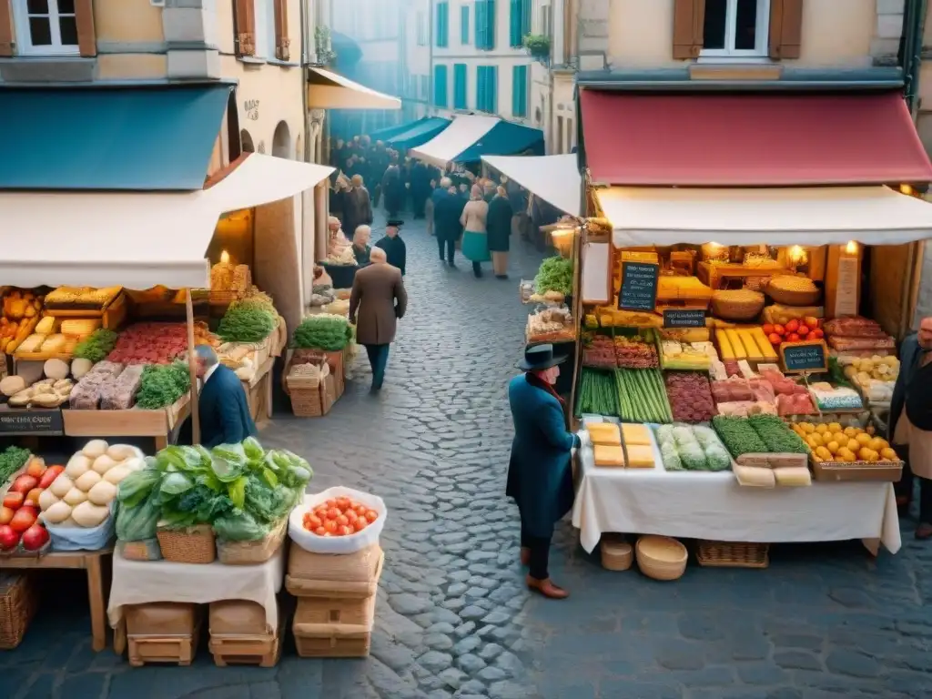 Vista aérea de un bullicioso mercado francés con una riqueza gastronómica de Francia