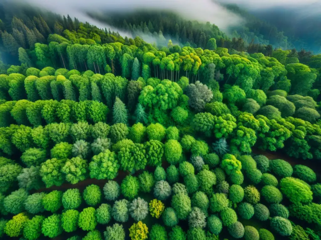 Vista aérea cautivadora de un bosque verde exuberante, destacando la diversidad de especies vegetales en armonía