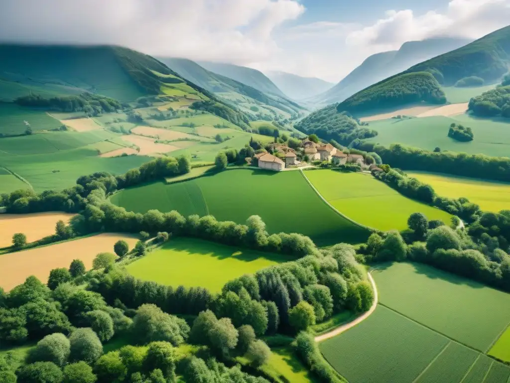 Vista aérea de colinas verdes y granjas de quesos en la campiña francesa