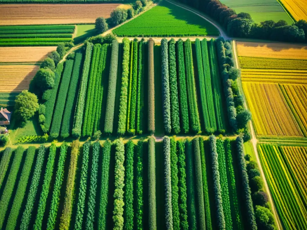 Vista aérea de cultivo de verduras en Francia con campos verdes y granjas rurales bajo la luz dorada del sol