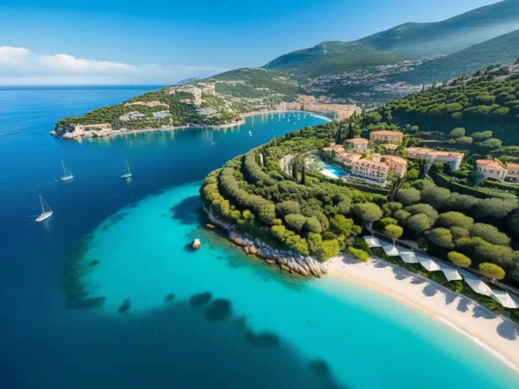 Vista aérea de la deslumbrante costa de la Riviera Francesa con aguas turquesas y yates de lujo, ideal para la alimentación saludable Riviera Francesa