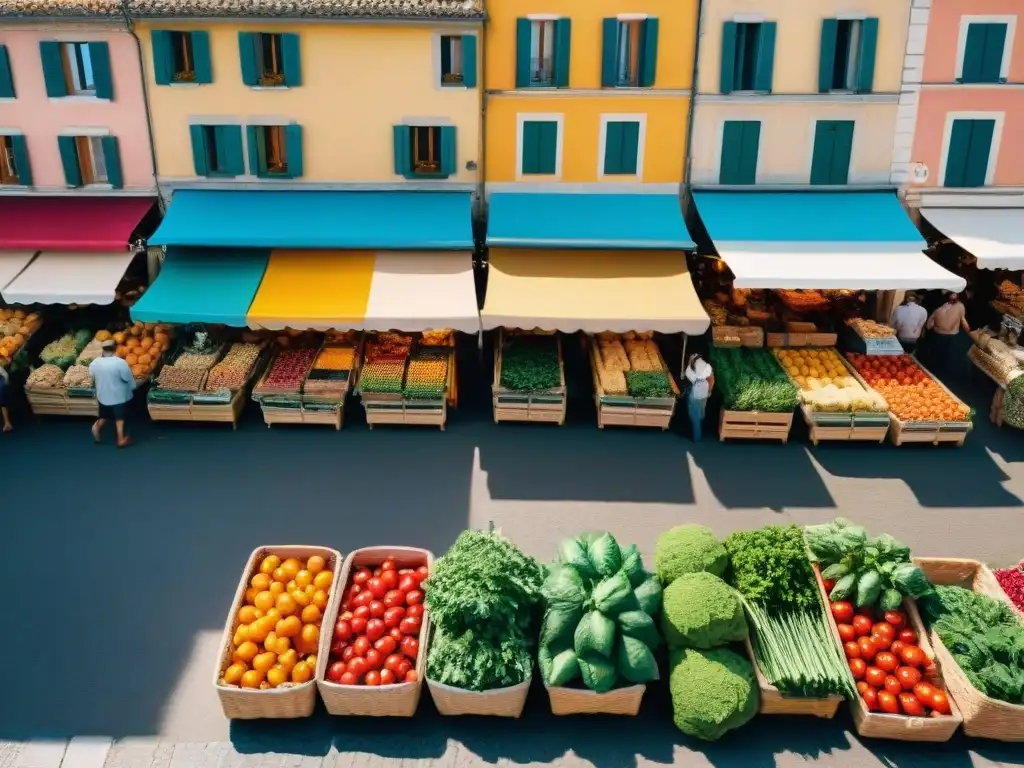 Mercado provenzal: colores vibrantes y bullicio mediterráneo Vista aérea detallada de un bullicioso mercado provenzal con productos frescos y coloridos