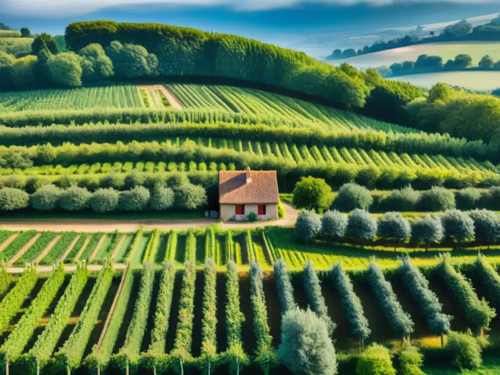 Vista aérea de un idílico paisaje francés con huertos de manzanos, ideal para festivales de sidra en Francia