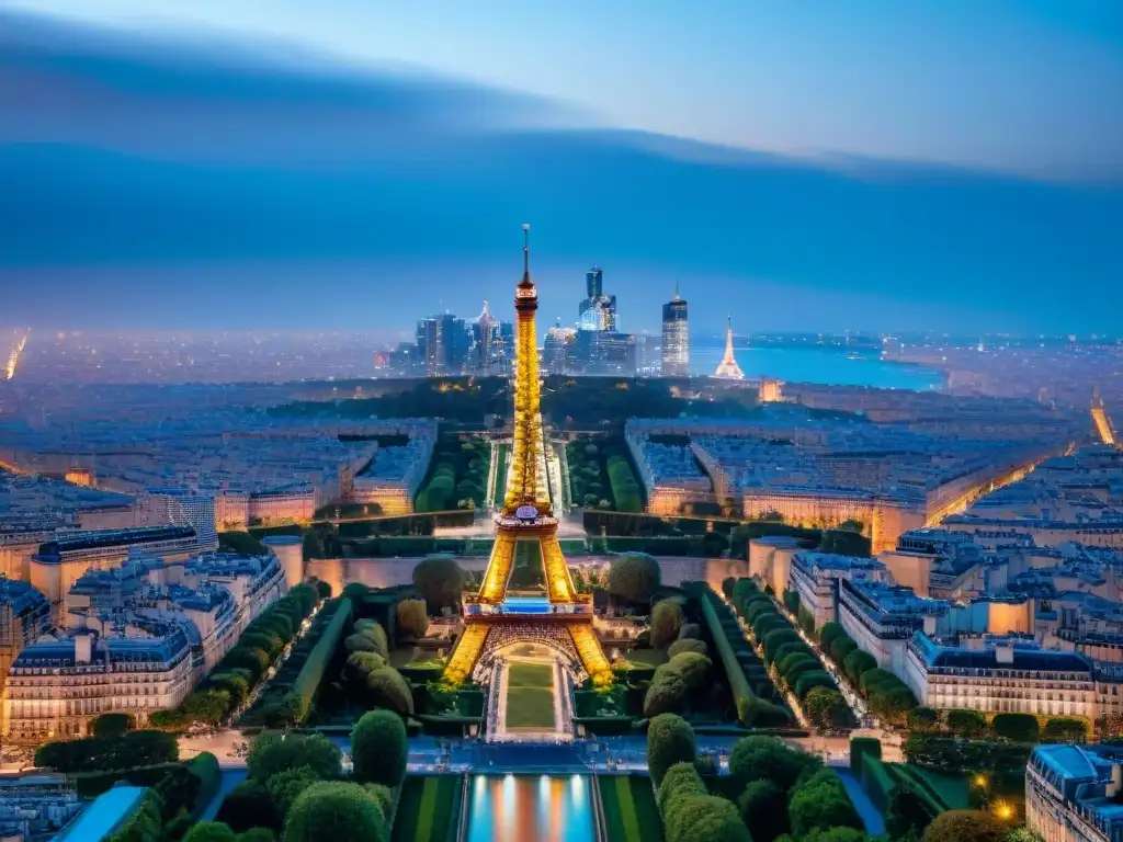 Vista aérea de la icónica Torre Eiffel iluminada en París, con la palabra clave 'restaurantes estrella michelin gastronomía francesa'