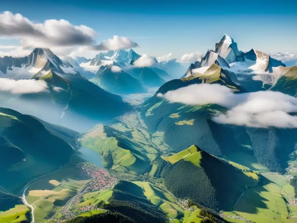 Vista aérea impresionante de los Alpes franceses nevados con picos escarpados, valles verdes y ríos, skiers y pueblos alpinos