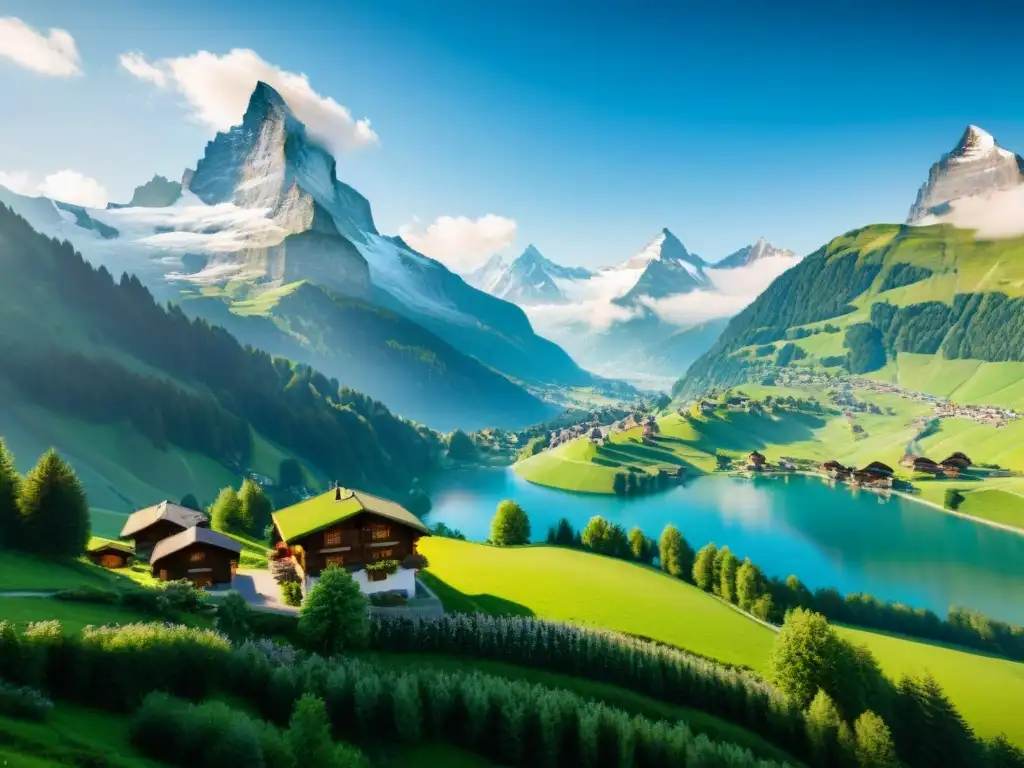 Vista aérea impresionante de los Alpes suizos con picos nevados, valles verdes y chalets alpinos