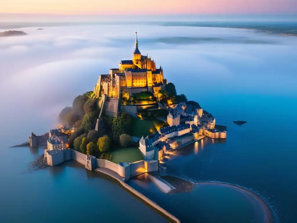 Vista aérea impresionante de Mont Saint-Michel al atardecer, con la abadía antigua sobre la isla rocosa rodeada por el océano brillante