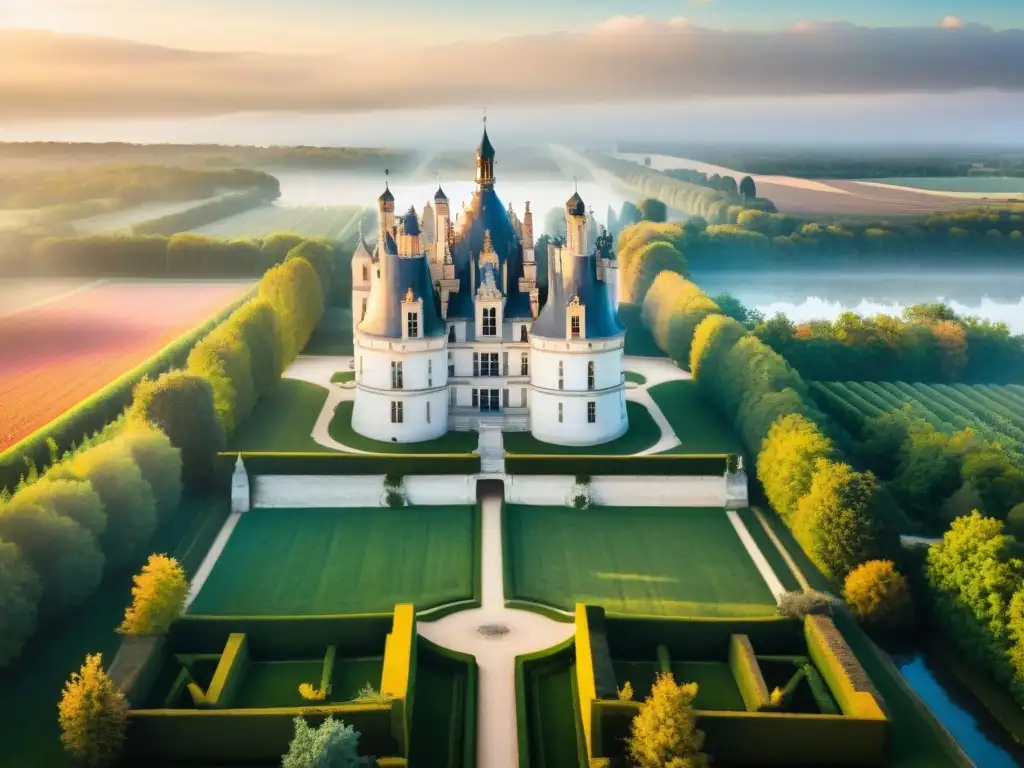 Una vista aérea impresionante del encantador Château de Chambord entre viñedos en el Valle del Loira, Francia