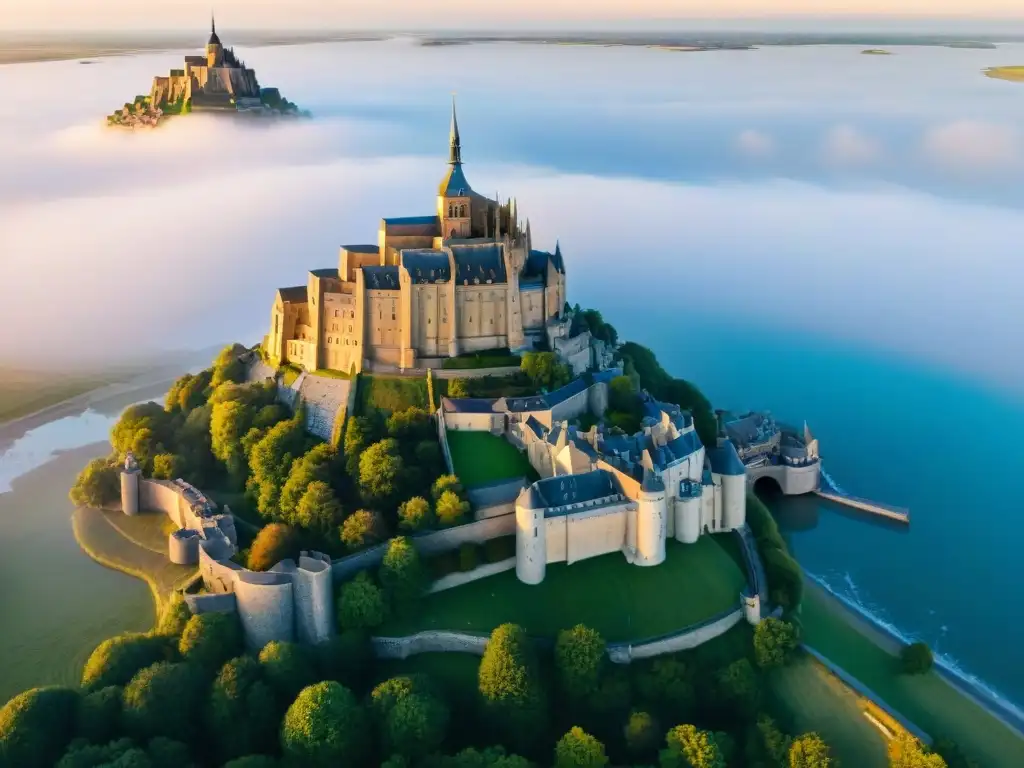 Vista aérea impresionante de Mont Saint-Michel en Normandía, Francia, destacando su arquitectura medieval con la costa y paisaje circundante