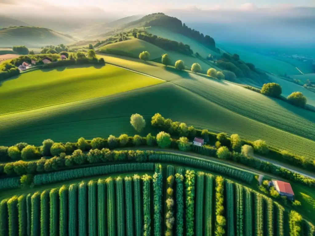 Vista aérea impresionante de pastizales verdes en Francia, con granjas lecheras y vacas