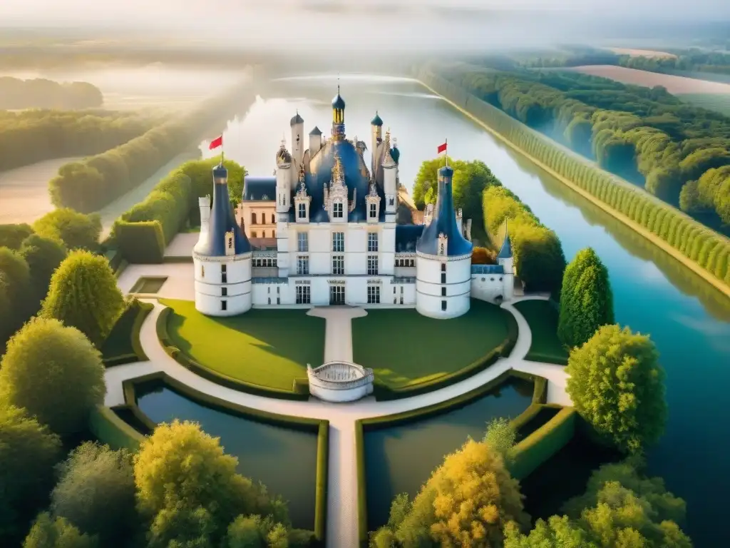 Vista aérea impresionante del Château de Chambord en el Valle del Loira, rodeado de bosques verdes y el río tranquilo