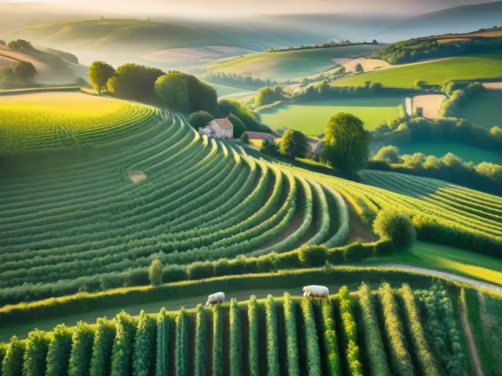 Una vista aérea impresionante de los verdes campos de la campiña francesa, con viñedos y granjas de queso