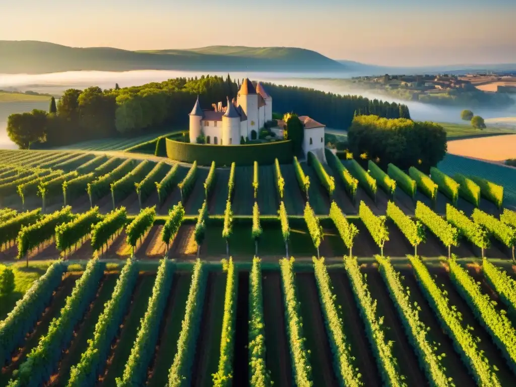 Vista aérea impresionante de viñedo histórico Château Latour en Francia