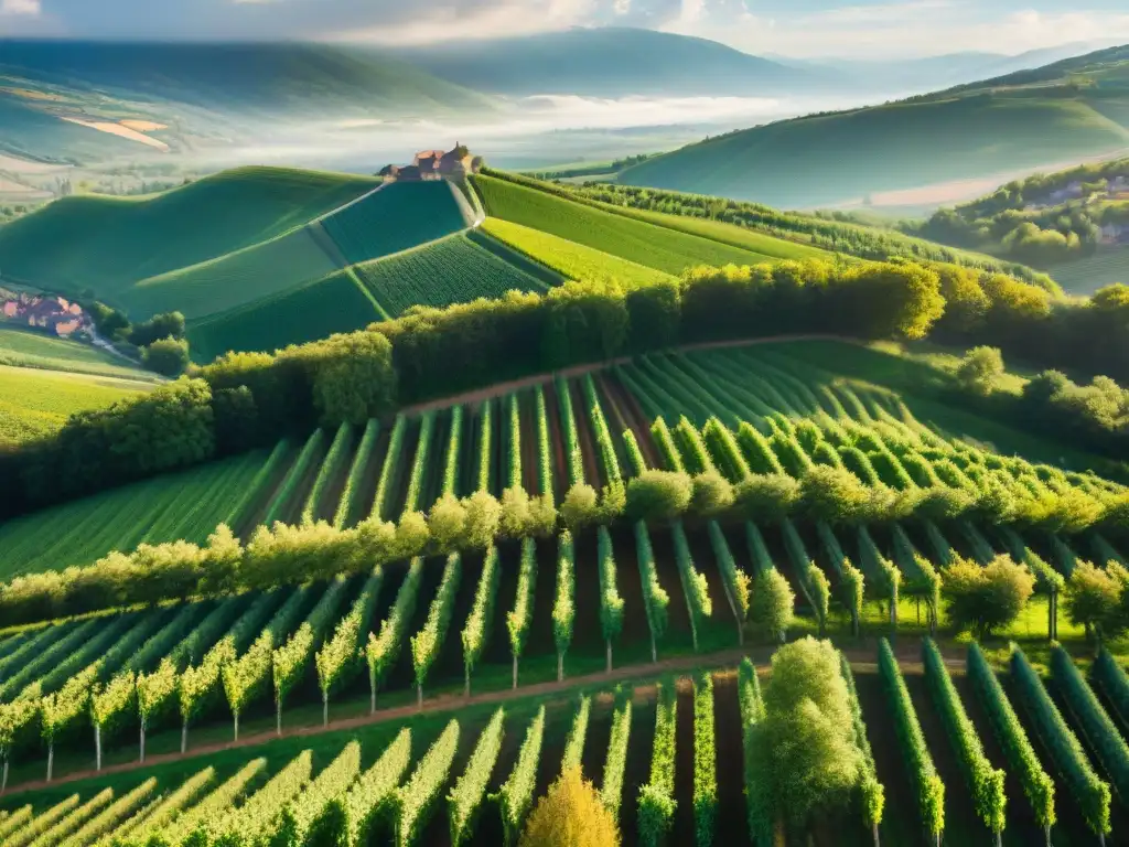 Vista aérea impresionante de los viñedos de Alsacia, Francia, hogar del Riesling de Alsacia: vino blanco, con filas de vides verdes