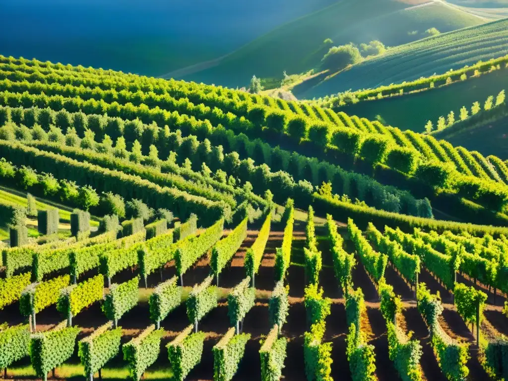 Vista aérea impresionante de viñedos de Champagne bajo un cielo azul, enmarcando colinas verdes interminables y un encantador château francés