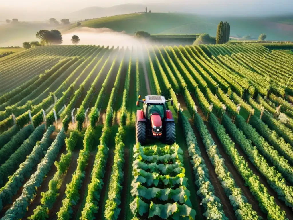 Vista aérea impresionante de viñedos verdes en colinas francesas con tractor moderno y tecnología en la agricultura francesa