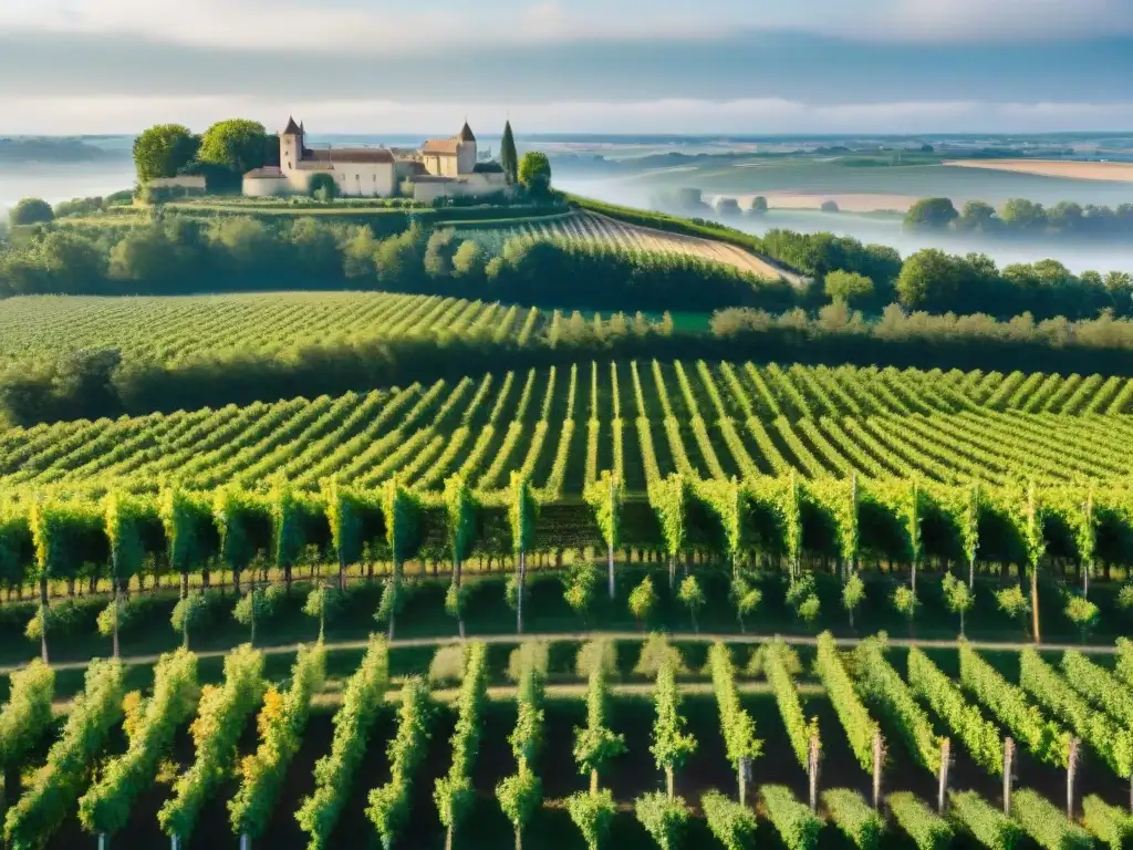 Vista aérea impresionante de viñedos en la región de Burdeos, con chateaus y el río Gironde