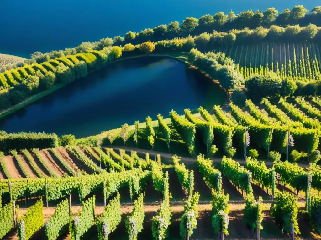 Vista aérea impresionante de viñedos en la campiña francesa con un chateau al fondo