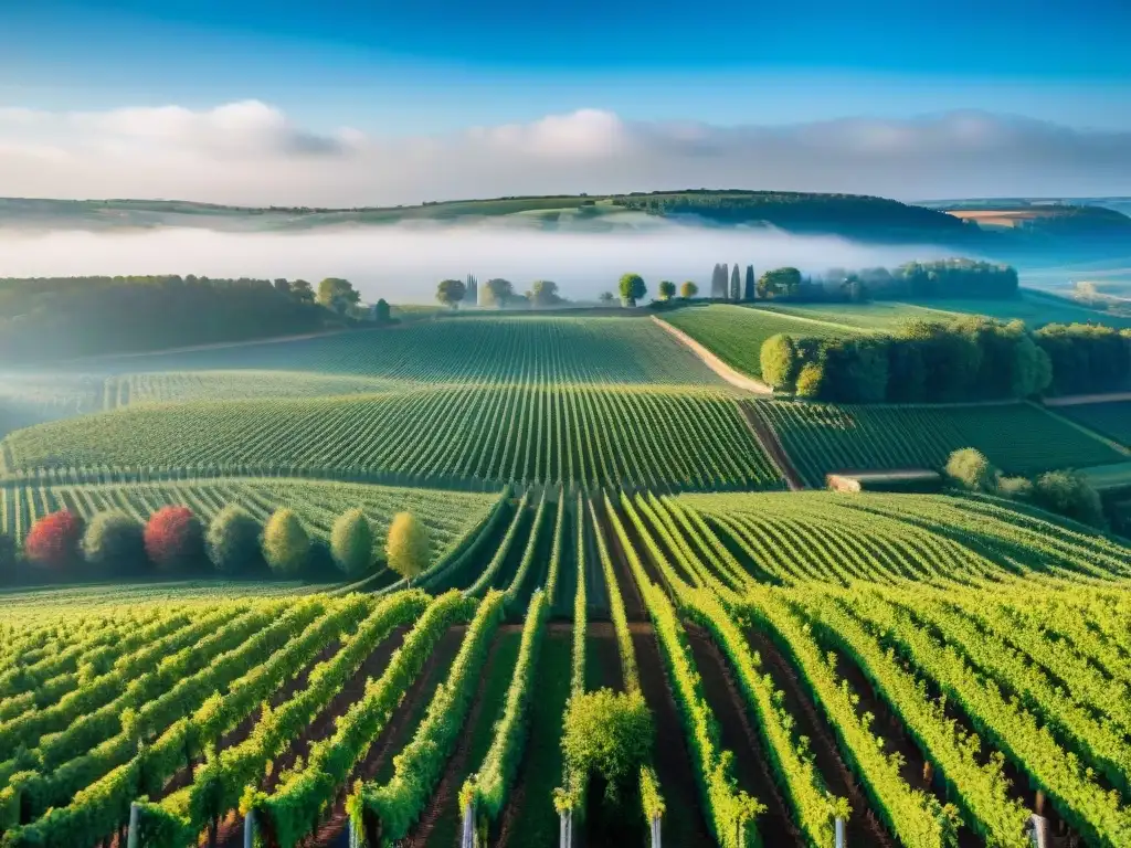 Vista aérea impresionante de los viñedos en Borgoña, con colores vibrantes y filas de vides